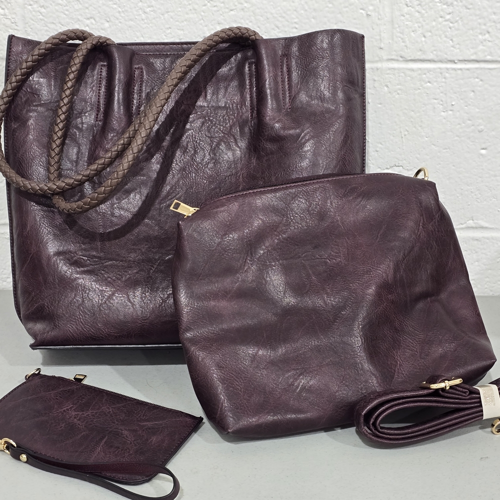 3pc Elegant Purple Leather Tote Bag Set
